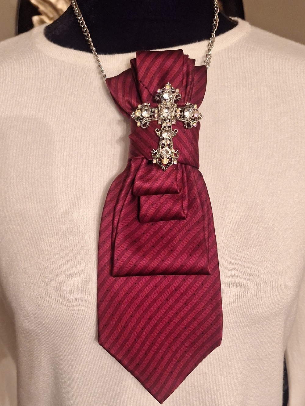 Perry Ellis Upcycle Burgundy Striped Necktie Necklace with Ornate Cross Pin